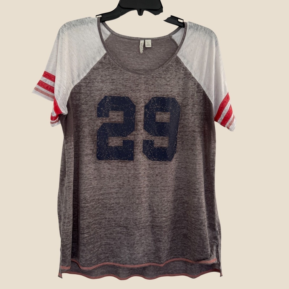 Active Life Women Grey Burnout Raglan Varsity Graphic T-Shirt Size L 29 Striped
